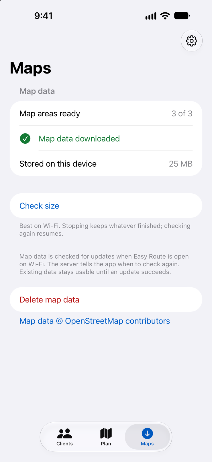 Easy Route’s Maps tab: downloaded map areas, storage used, download controls and Delete map data.