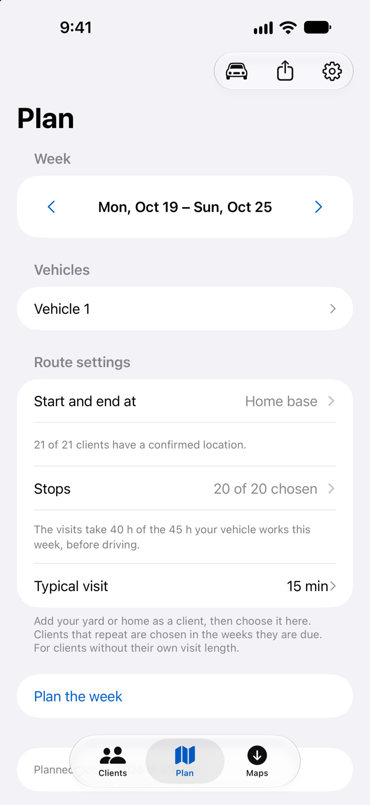 Easy Route's Plan tab: the week's date range, Vehicle 1, and a Route settings group containing the home base, chosen stops and typical visit length.
