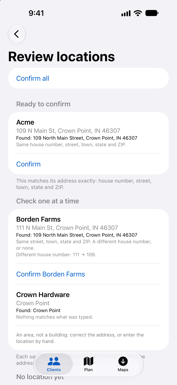 Review locations: one address ready to confirm, two to check because the addresses found differ from the ones typed, and one with no location yet.